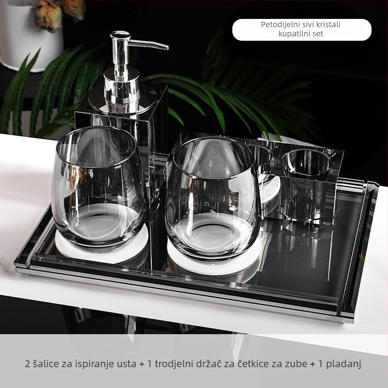 Set kupaonice od kristalnog stakla, svijetlog luksuznog stila, Microonica, uključuje držač za četkicu, pladanj, kutiju za vatu, posudicu za konac i čašu za ispiranje