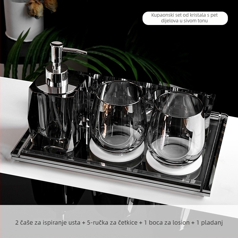 Set kupaonice od kristalnog stakla, svijetlog luksuznog stila, Microonica, uključuje držač za četkicu, pladanj, kutiju za vatu, posudicu za konac i čašu za ispiranje