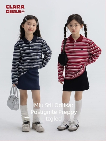 Djevojački prugasti polo top s dugim rukavima, pamuk, retro preppy stil, za djecu 8+ godina (140 cm+), proljeće 2025