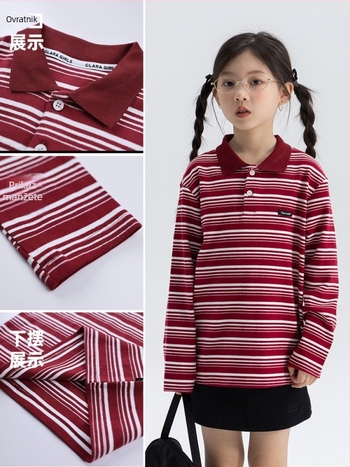 Djevojački prugasti polo top s dugim rukavima, pamuk, retro preppy stil, za djecu 8+ godina (140 cm+), proljeće 2025