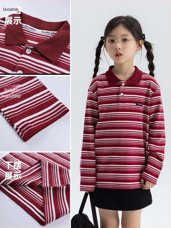 Djevojački prugasti polo top s dugim rukavima, pamuk, retro preppy stil, za djecu 8+ godina (140 cm+), proljeće 2025