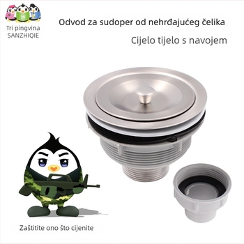 Nehrđajući čelični odvodni koš za sudoperu — model 50, marka Three Penguins, podizni tip, oblik britanskog stila vode.