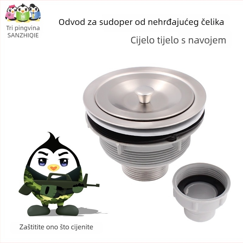 Nehrđajući čelični odvodni koš za sudoperu — model 50, marka Three Penguins, podizni tip, oblik britanskog stila vode.