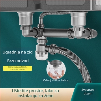 Sifon za kuhinjski sudoper, za jedan ili dvostruki sudoper, 304 nerđajući čelik, model 92096-PC, River Flow, stil Light Luxury