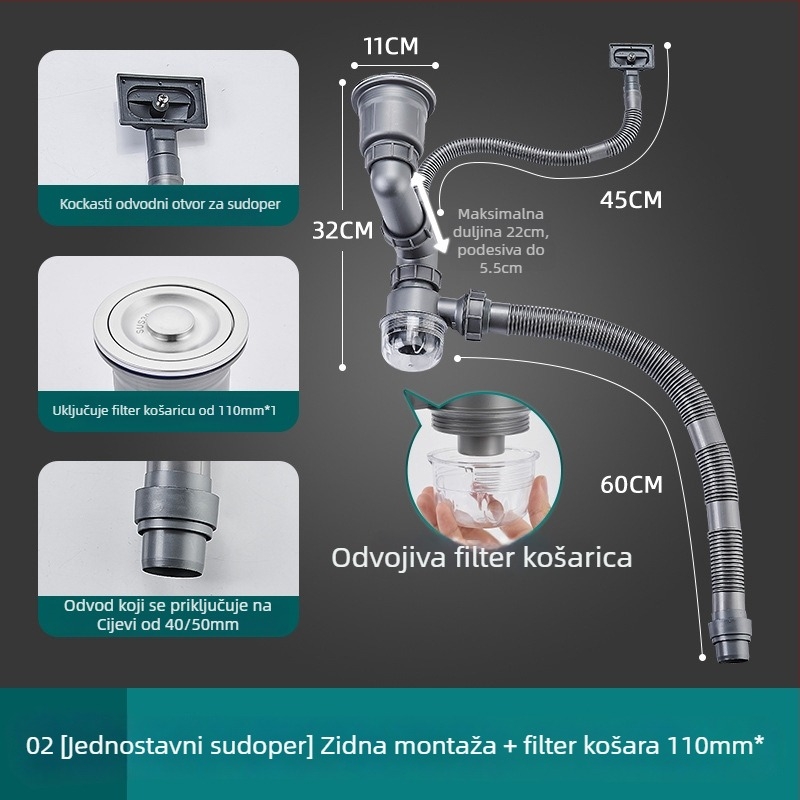 Sifon za kuhinjski sudoper, za jedan ili dvostruki sudoper, 304 nerđajući čelik, model 92096-PC, River Flow, stil Light Luxury