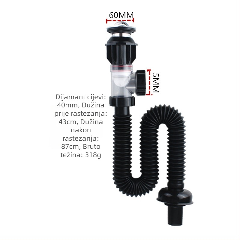 Odvodni cjevovod za umivaonik sa S-krivom i preklopnim poklopom (Flip Style Water Set), materijal: nehrđajući čelik + PP, protiv mirisa, protiv curenja