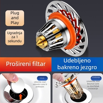 Zátka za odvodnju umivaonika, push-type, model J30512, jezgro od debelog bakra, njemački stil pokretanja, univerzalna kompatibilnost, moderni minimalistički stil