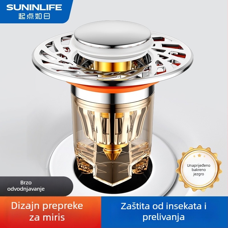 Zátka za odvodnju umivaonika, push-type, model J30512, jezgro od debelog bakra, njemački stil pokretanja, univerzalna kompatibilnost, moderni minimalistički stil