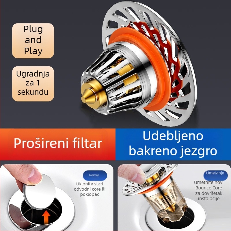 Zátka za odvodnju umivaonika, push-type, model J30512, jezgro od debelog bakra, njemački stil pokretanja, univerzalna kompatibilnost, moderni minimalistički stil