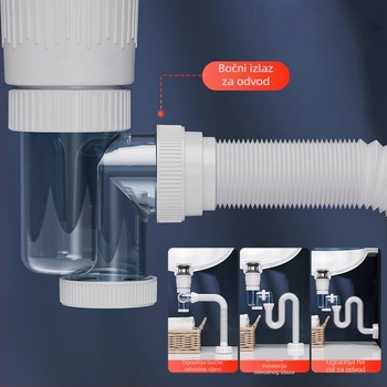 Sifon za umivaonik s pop-up ventilom, horizontalno odvodnjavanje, oblik P-krivulje, model XS48546, materijal: nehrđajući čelik + ABS inženjerski plast