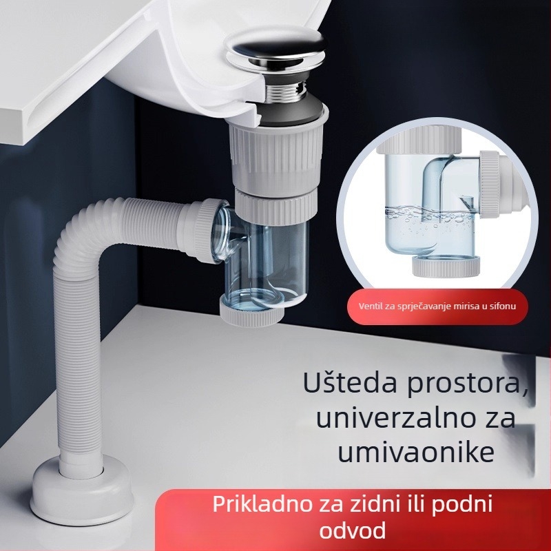 Sifon za umivaonik s pop-up ventilom, horizontalno odvodnjavanje, oblik P-krivulje, model XS48546, materijal: nehrđajući čelik + ABS inženjerski plast