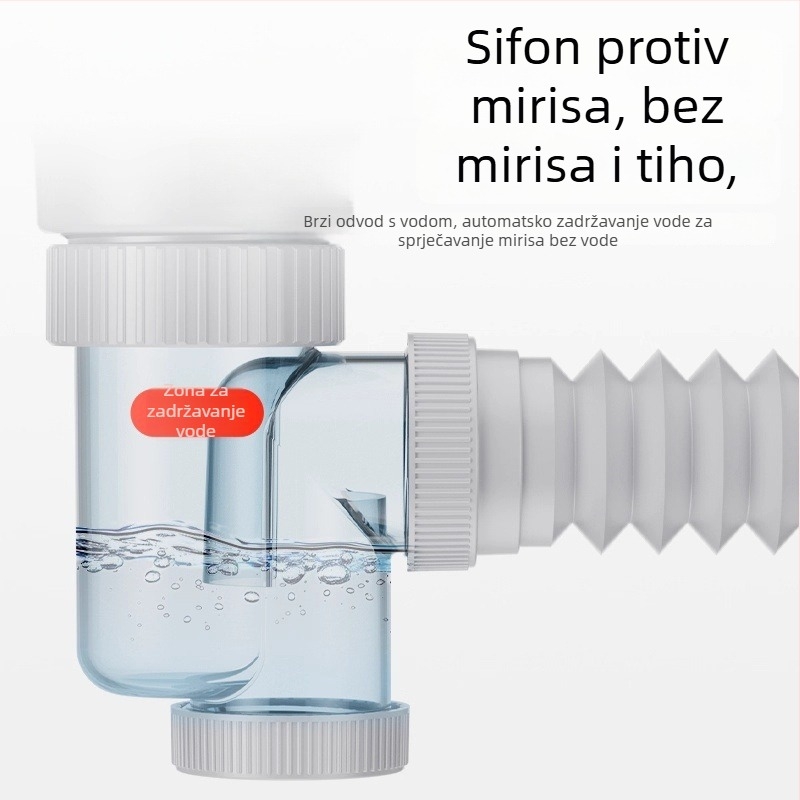 Sifon za umivaonik s pop-up ventilom, horizontalno odvodnjavanje, oblik P-krivulje, model XS48546, materijal: nehrđajući čelik + ABS inženjerski plast