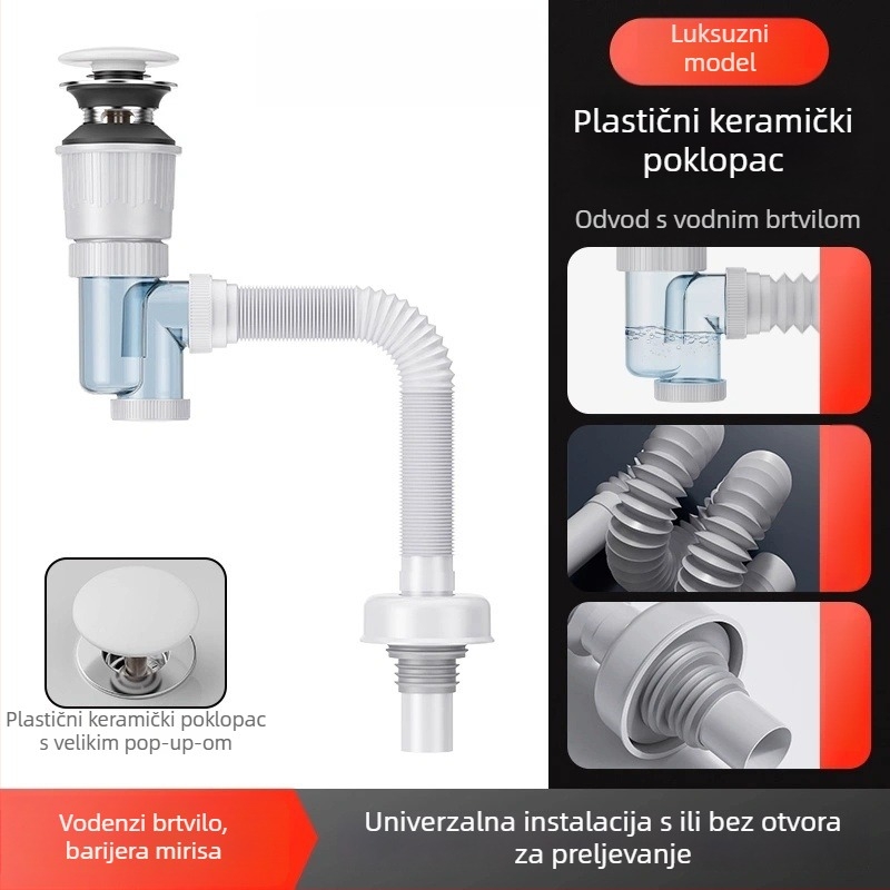 Sifon za umivaonik s pop-up ventilom, horizontalno odvodnjavanje, oblik P-krivulje, model XS48546, materijal: nehrđajući čelik + ABS inženjerski plast