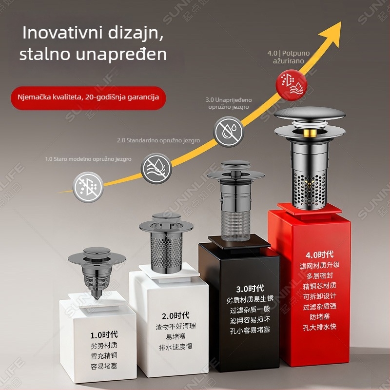 Push-type pop-up odvoda za umivaonik s filtrom, bakar i ABS, model Basin deodorizer, ugradnja u njemačkom stilu, moderni minimalistički dizajn