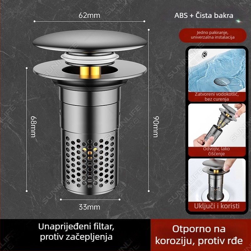 Push-type pop-up odvoda za umivaonik s filtrom, bakar i ABS, model Basin deodorizer, ugradnja u njemačkom stilu, moderni minimalistički dizajn