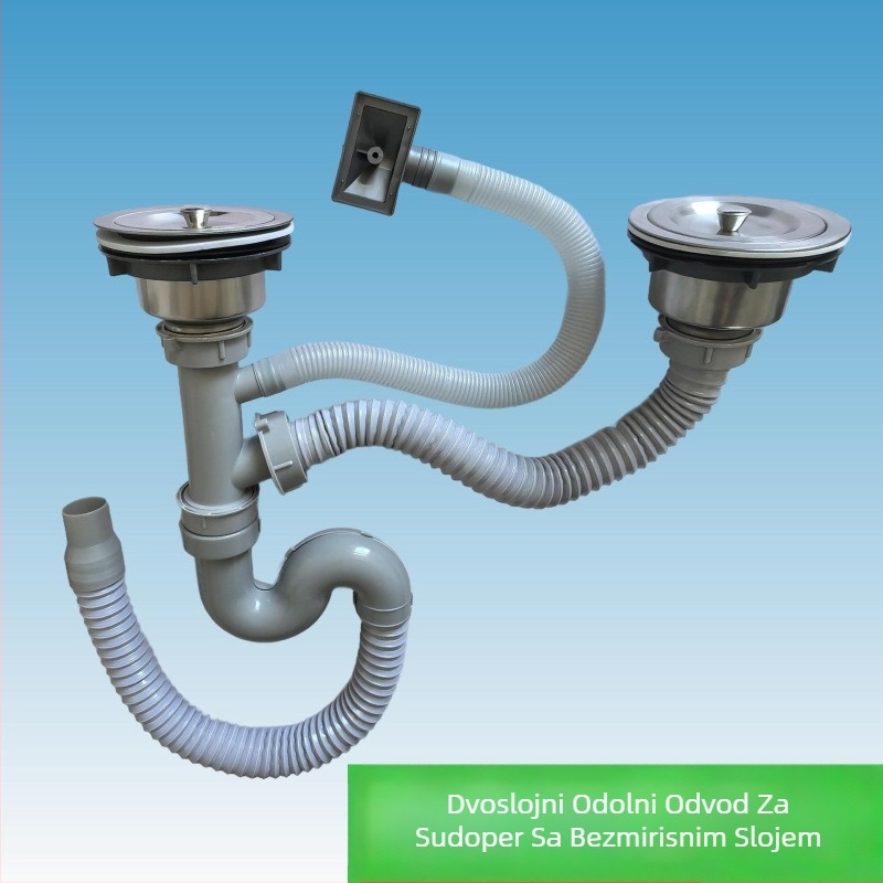 Težak odvod za kuhinju od nehrđajućeg čelika s dvostrukim spremnikom, protiv mirisa, model Double Tank Drain; težina 0.7 kg; specifikacija 110; stil moderni jednostavan.