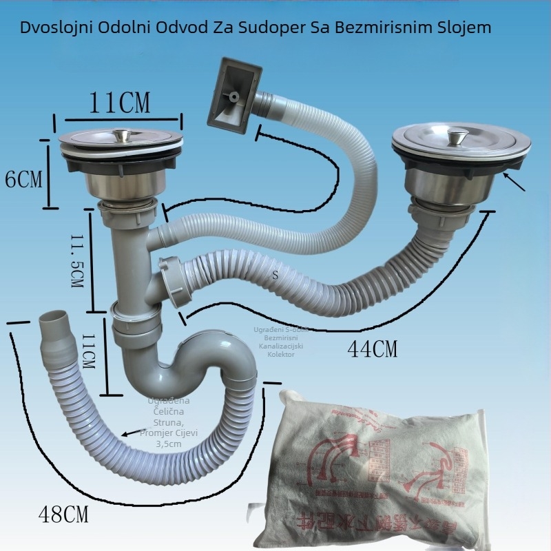 Težak odvod za kuhinju od nehrđajućeg čelika s dvostrukim spremnikom, protiv mirisa, model Double Tank Drain; težina 0.7 kg; specifikacija 110; stil moderni jednostavan.