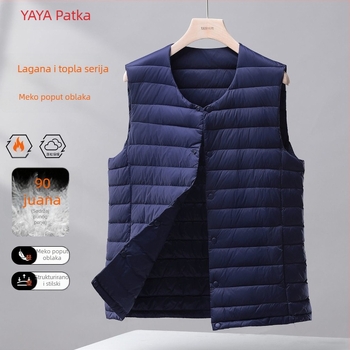 Muška lagana puffer vesta s kapuljom, Corduroy tkanina, punjenje bijelim gusjim perjem, proljeće 2025