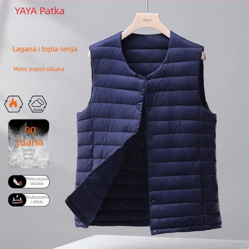 Muška lagana puffer vesta s kapuljom, Corduroy tkanina, punjenje bijelim gusjim perjem, proljeće 2025