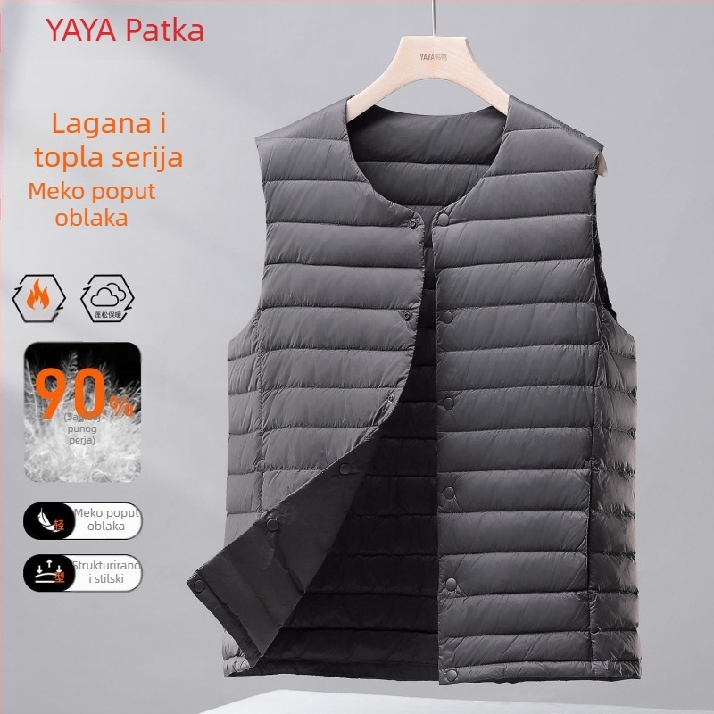 Muška lagana puffer vesta s kapuljom, Corduroy tkanina, punjenje bijelim gusjim perjem, proljeće 2025