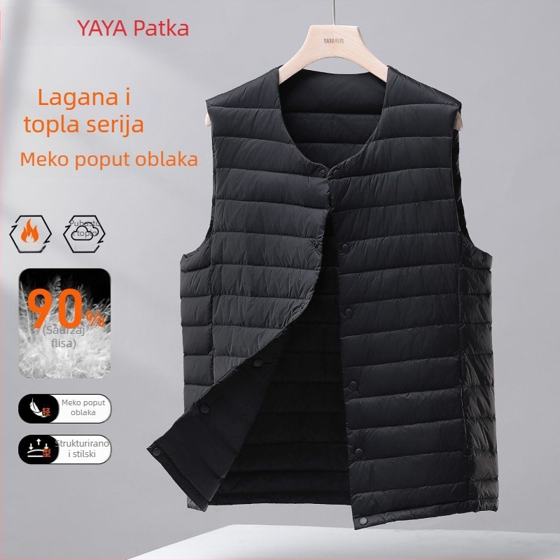 Muška lagana puffer vesta s kapuljom, Corduroy tkanina, punjenje bijelim gusjim perjem, proljeće 2025