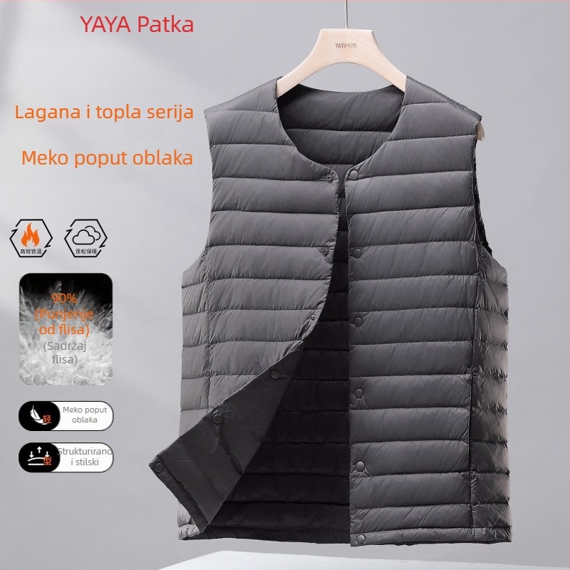 Muška lagana puffer vesta s kapuljom, Corduroy tkanina, punjenje bijelim gusjim perjem, proljeće 2025