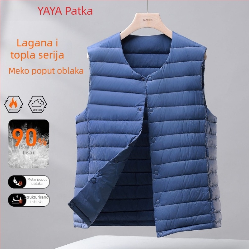 Muška lagana puffer vesta s kapuljom, Corduroy tkanina, punjenje bijelim gusjim perjem, proljeće 2025