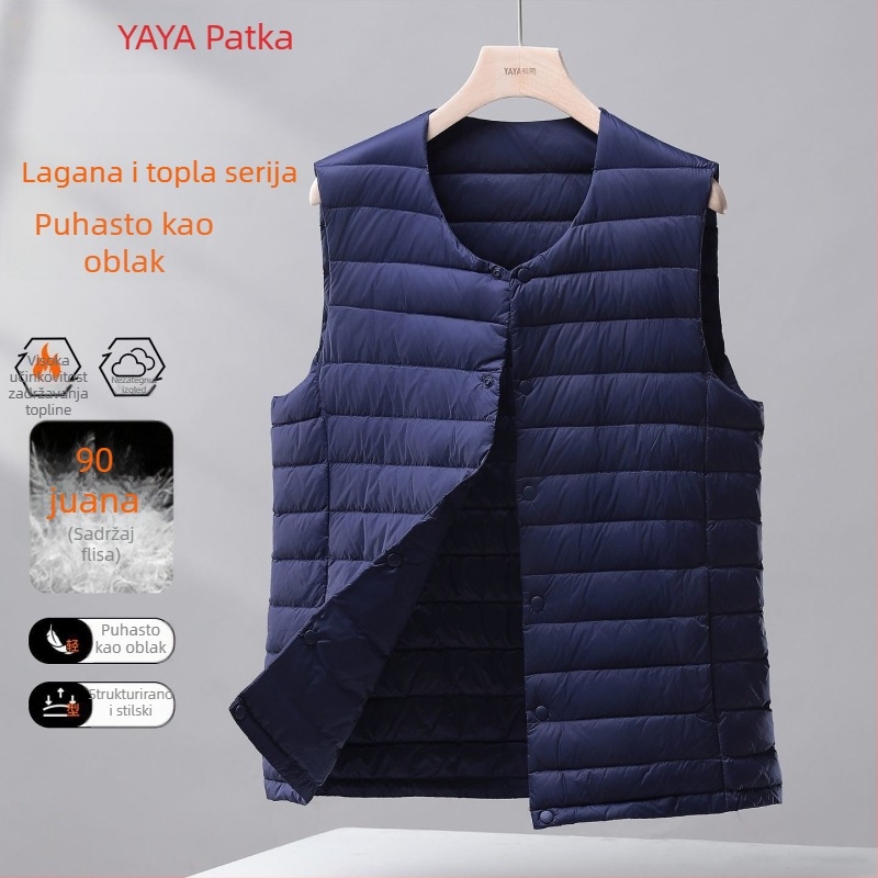 Muška lagana puffer vesta s kapuljom, Corduroy tkanina, punjenje bijelim gusjim perjem, proljeće 2025