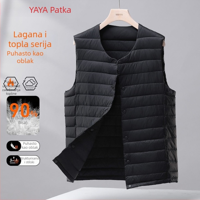 Muška lagana puffer vesta s kapuljom, Corduroy tkanina, punjenje bijelim gusjim perjem, proljeće 2025