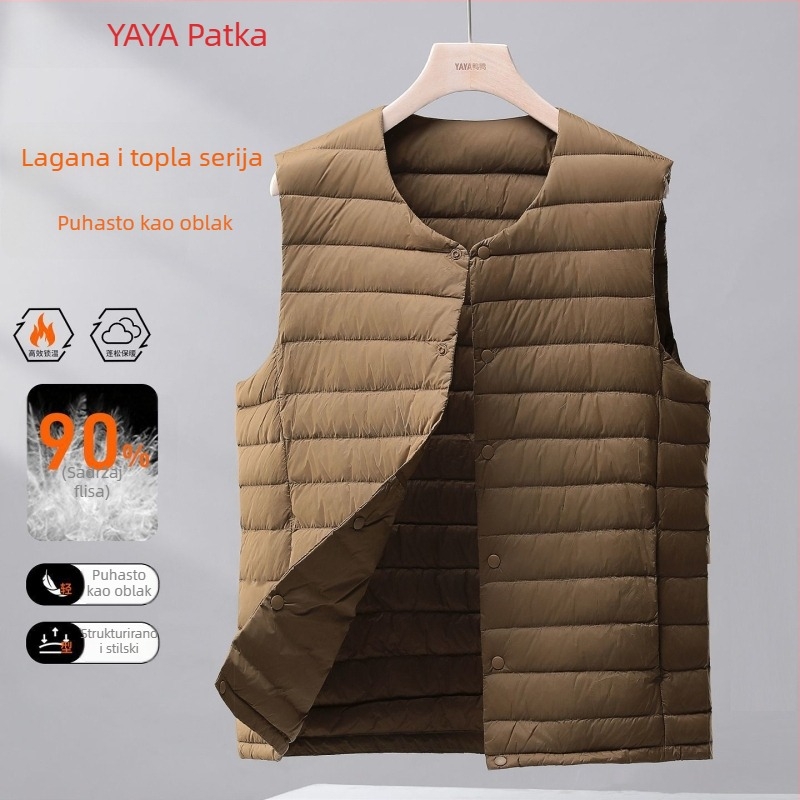 Muška lagana puffer vesta s kapuljom, Corduroy tkanina, punjenje bijelim gusjim perjem, proljeće 2025