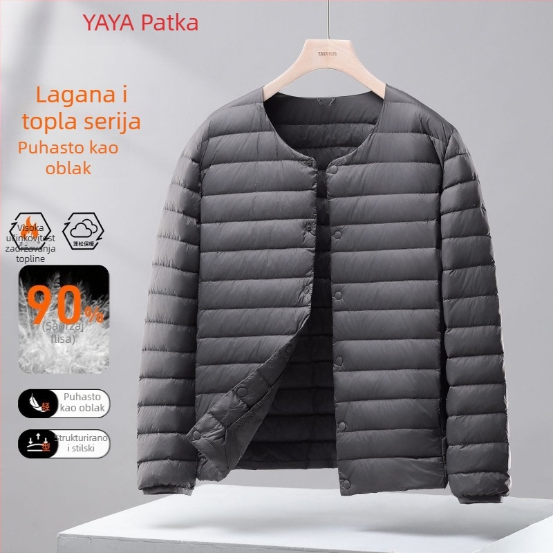 Muška lagana puffer vesta s kapuljom, Corduroy tkanina, punjenje bijelim gusjim perjem, proljeće 2025