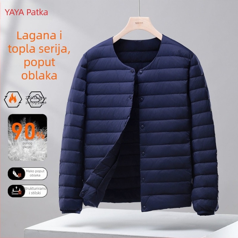 Muška lagana puffer vesta s kapuljom, Corduroy tkanina, punjenje bijelim gusjim perjem, proljeće 2025