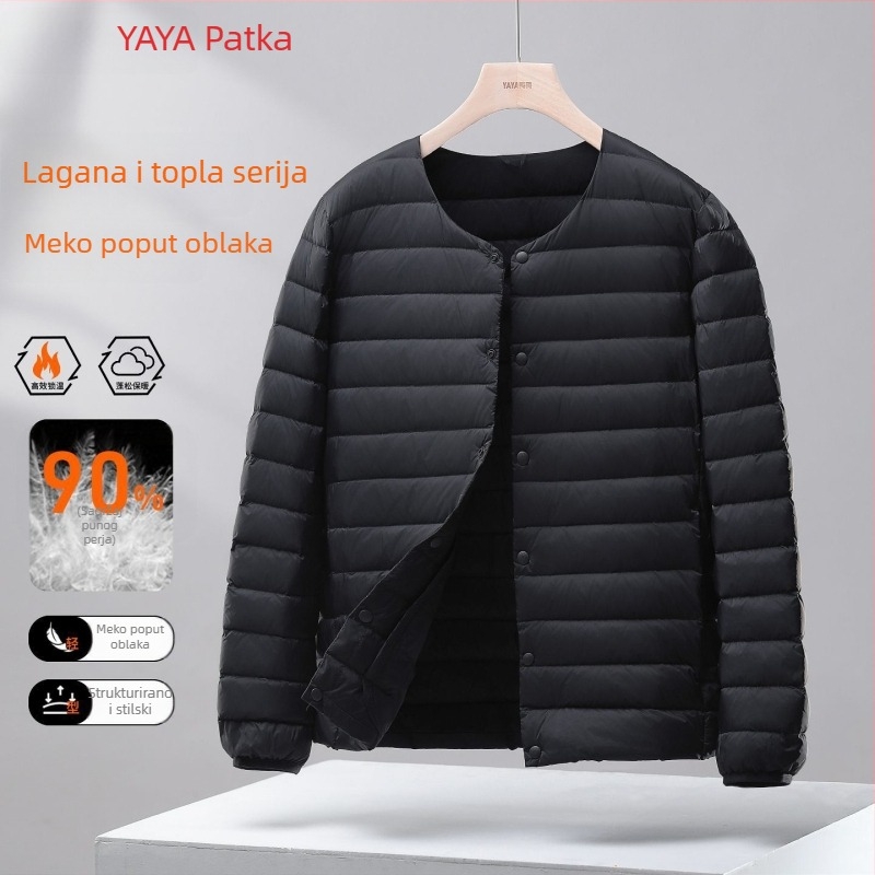 Muška lagana puffer vesta s kapuljom, Corduroy tkanina, punjenje bijelim gusjim perjem, proljeće 2025