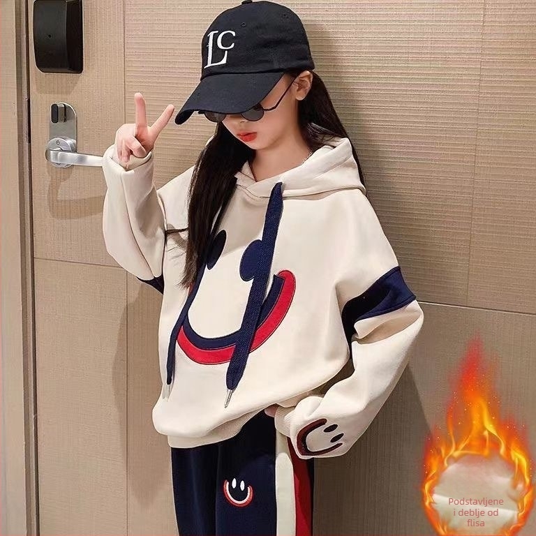 Djevojčice jesenski sportski set od dva djela – duksa s kapuljom i hlače, korejski stil, Milk Silk tkanina (poliestar 95,5%), za djecu 3–8 godina, izdanje jeseni 2025