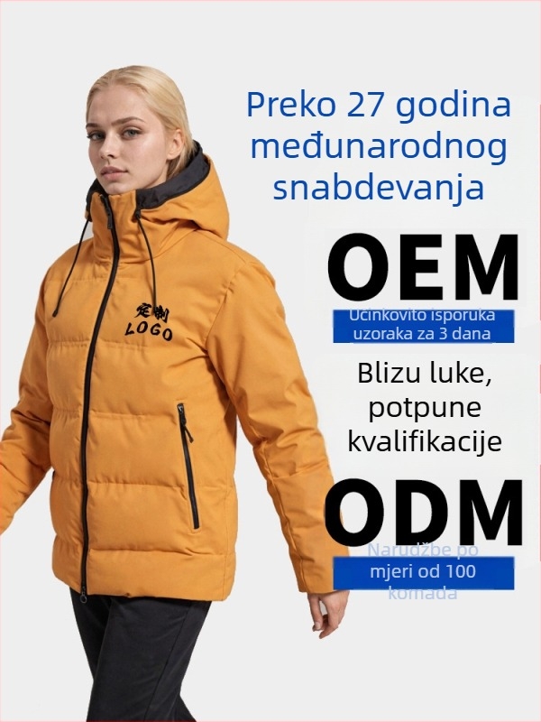 Bunda s kapuljačom, debela, otporna na vjetar; udio perja 86-90%, punilo: pačje puh