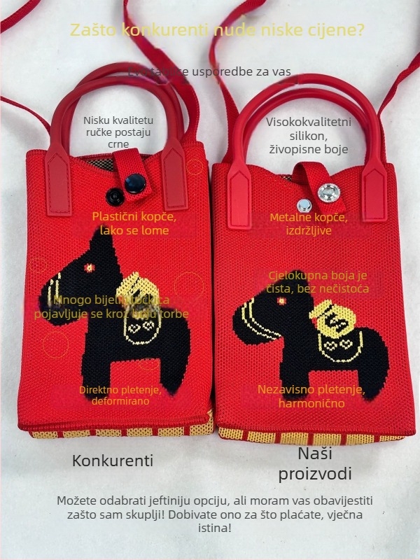 Pletena torbica za telefon s magnetskim zatvaranjem, unisex, uspravni četvrtasti oblik, džep za telefon, poliester