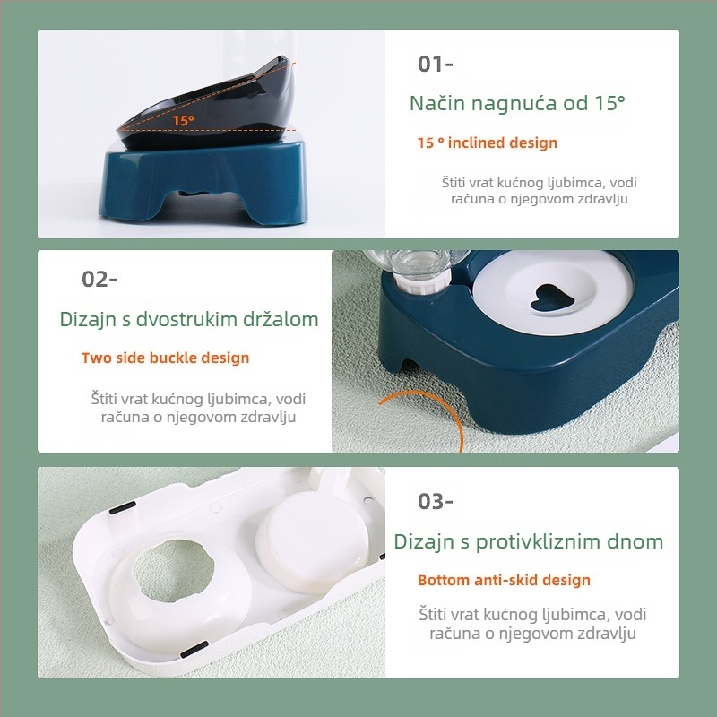 Automatski dispenzer vode i hrane za mačke i pse; zdjelica s zaštitom vrata od prolijevanja; ABS materijal; komplet za automatsko hranjenje; težina ~250 g; Marka Taiguang; Pakiranje: osnova + zdjela 50 kom./kutija; boca za piće 200 kom./kutija