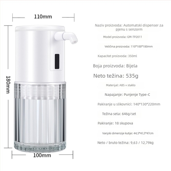 Indukcijski dispenser pjene, keramika + ABS, indukcijska funkcija, CE certifikat, elektroplating, težina 555 g