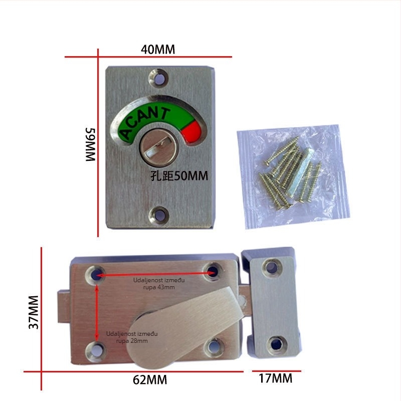Brava za pregradnu stijenu javnog WC-a, cinkova legura, četkano, moderni minimalistički stil, set od dvije komponente