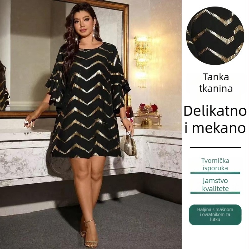 Poliester haljina s dugim rukavima, okrugli izrez, uže u struku, A-linijski kroj, kratka suknja, elegantan retro stil