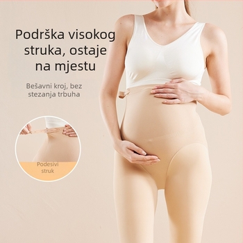 Trudničke tajice s visokim strukom i potporom za trbuh, podesiva potpora trbuha, najlon materijal 70–80%, tanke.