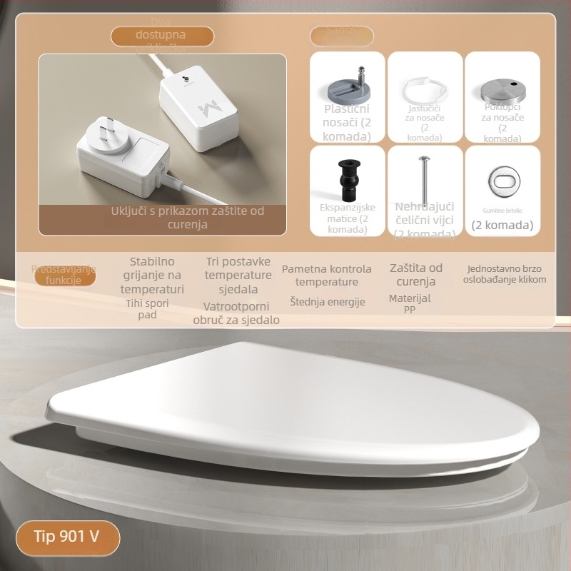 Inteligentni poklopac za WC s trenutačnim zagrijavanjem, tri razine podešavanja temperature, tiho sporo zatvaranje poklopca, model AV-6901, PP materijal
