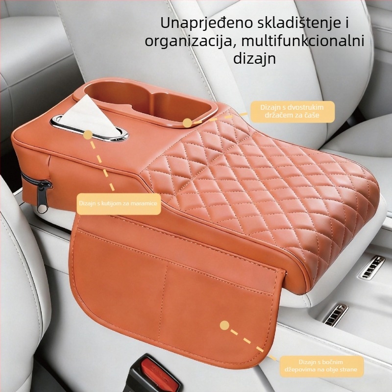 Kožni podizač naslona za ruke u automobilu – univerzalni središnji organizator s držačem za čaše i kutijom maramica, otporan na mrlje, podrška za lakat protiv umora
