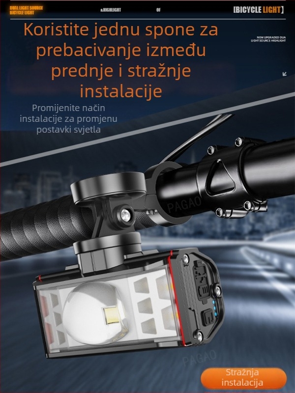 PAGAO Prednje svjetlo za planinski bicikl od aluminijske legure – visoka svjetlina, USB-C punjivo, 5200mAh, montaža visećim načinom, za off-road vožnju