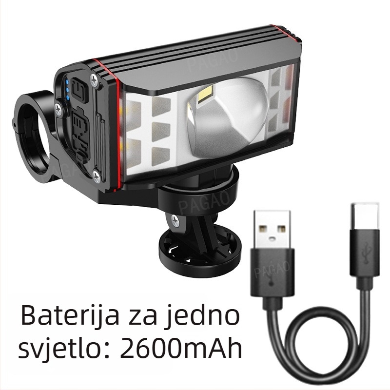 PAGAO Prednje svjetlo za planinski bicikl od aluminijske legure – visoka svjetlina, USB-C punjivo, 5200mAh, montaža visećim načinom, za off-road vožnju