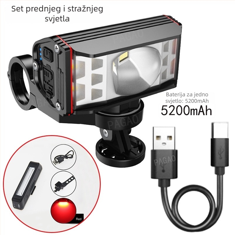 PAGAO Prednje svjetlo za planinski bicikl od aluminijske legure – visoka svjetlina, USB-C punjivo, 5200mAh, montaža visećim načinom, za off-road vožnju