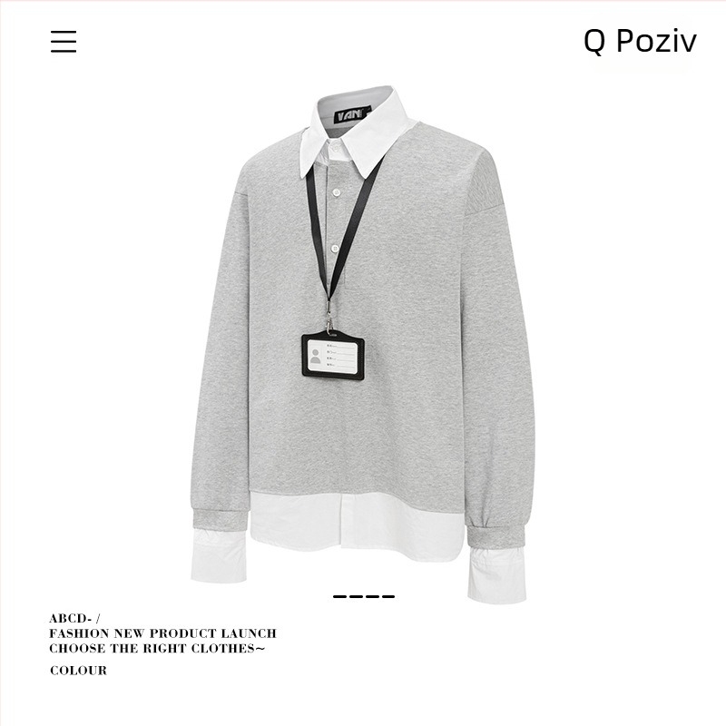 Košula s polo ovratnikom, dugi rukavi, lažni dvodijelni kontrastni dizajn, ležerna kroj, pamuk
