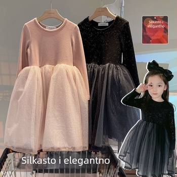 Dječja haljina za jesen-zimu s mrežastim umetkom, cvjetni uzorak, A-linija s naramenicama, dugi rukav, šifonska gornja, Corduroy tkanina s krznom zeca, za dob 0–1 godina, proljeće 2024