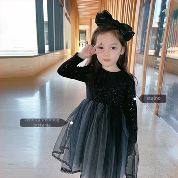 Dječja haljina za jesen-zimu s mrežastim umetkom, cvjetni uzorak, A-linija s naramenicama, dugi rukav, šifonska gornja, Corduroy tkanina s krznom zeca, za dob 0–1 godina, proljeće 2024