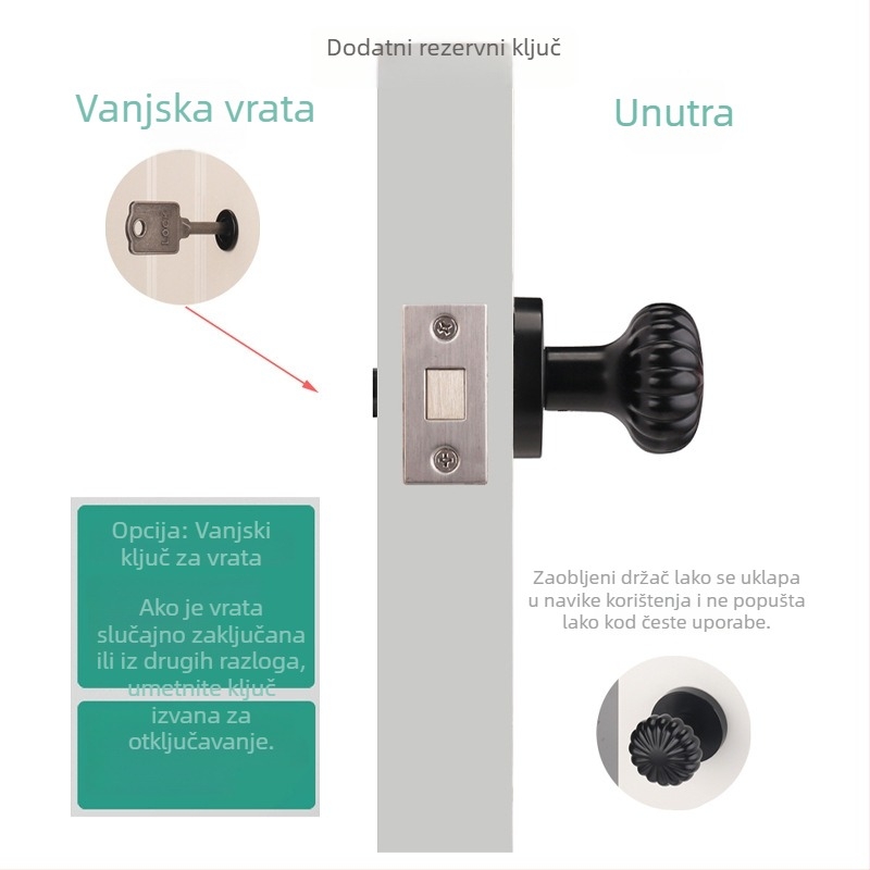 Skrivena brava za vrata s jednostrukim zaključavanjem i okruglom ručkom, tijelo od nehrđajućeg čelika, model 556, pogodna za unutarnje drvene i metalne vrata, moderan minimalistički stil